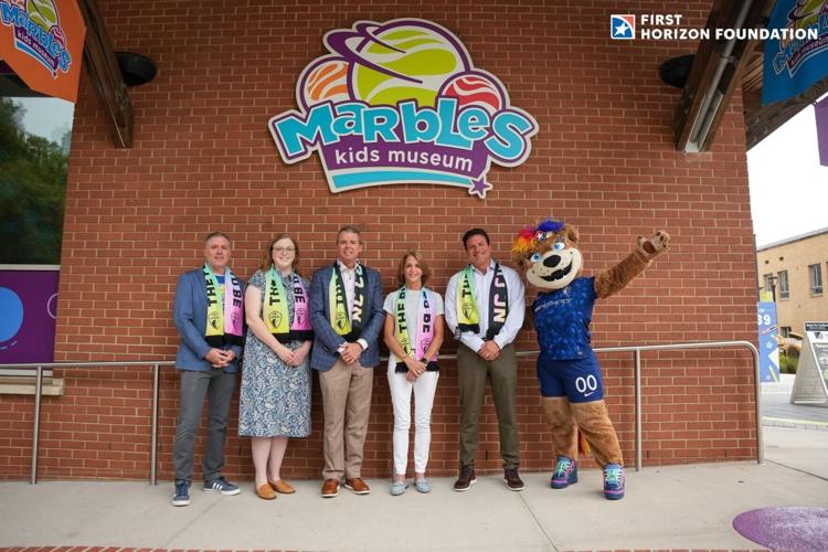 Marbles Kids Museum, First Horizon Foundation and NC Courage. Pictured left to right: Jonathan Frederick, Marbles Kids Museum; Caroline Babyak and Todd Warrick, First Horizon Bank; Francie Gottsegen, Ralph Vuono and Roary, NC Courage. Photo credit: Kati...