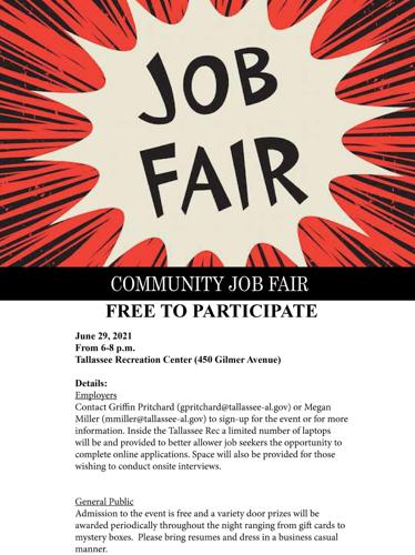 The City of Tallassee is hosting a Job Fair June 29 from 6-8 p.m. at the Tallassee Rec Center