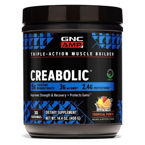 GNC AMP Creabolic, a triple action muscle builder featuring creatine monohydrate, myHMB and PeptiStrong, delivers strength, muscle protection and recovery support in one Informed Choice certified formula. (PRNewsfoto/GNC)