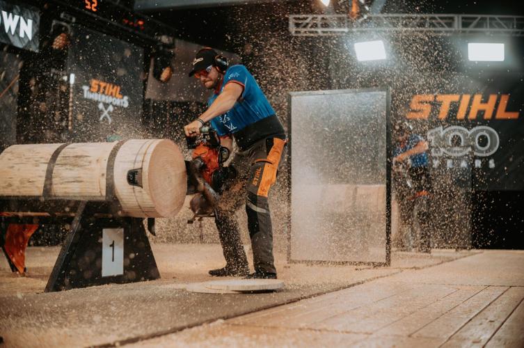 Matthew Slingerland competes in the Hot Saw discipline before capturing the inaugural STIHL TIMBERSPORTS® Hot Saw Showdown title.