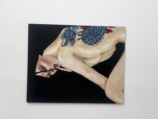 A Girl with the Yakuza Tattoo (2020) by Nettie Christian. Acrylic on wood, 20 x 16 inches.