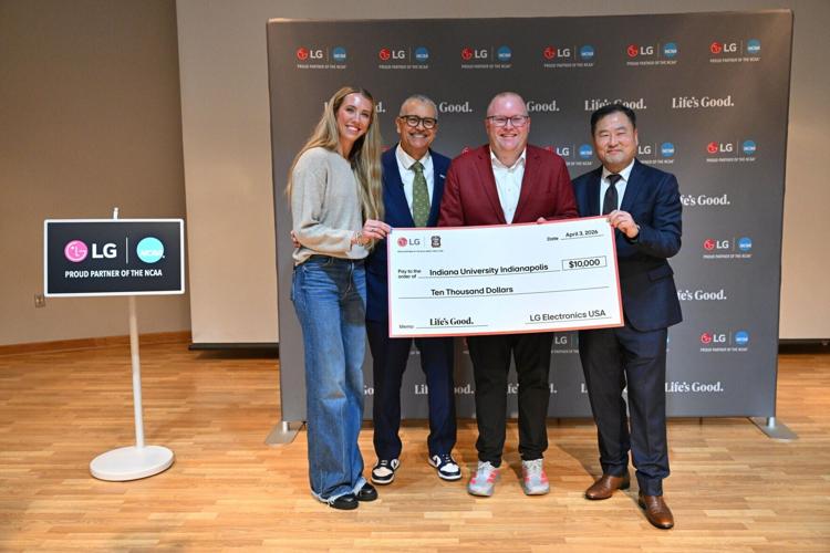 LG Electronics USA presented a $10,000 donation to Indiana University Indianapolis to support their NAMI on Campus club and student-athlete mental health resources during the 2026 NCAA Men's Final Four weekend. Pictured (from l to r): Lexie Hull, WNBA f...