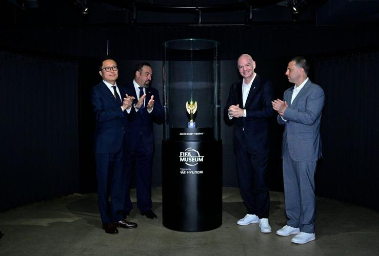 FIFA Museum Opening Ceremony – Trophy Unveiling; From left: Sungwon Jee, Executive Vice President and Global Chief Marketing Officer, Hyundai Motor Company; Marco Fazzone, Managing Director, FIFA Museum; Gianni Infantino, FIFA President; Alex Lasry, Chi...