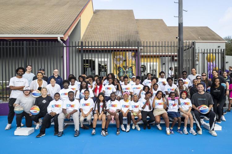 Representatives of the Belafonte TACOLCY Center, Icy Hot, Unrivaled and stars, Napheesa Collier and Kate Martin, gather for a group photo at the unveiling of Icy Hot’s newest Comeback Court at the Belafonte TACOLCY Center on Wednesday, Feb. 18, 2026, in...