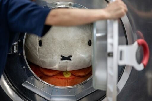 Dry-cleaning professional Masakazu Shimura puts a a soft toy into a washing machine at the facility of Cleaning Yonmarusan in Fuefuki city of Yamanashi Prefecture