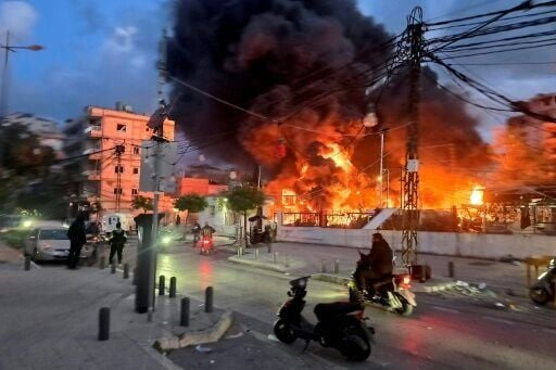 A blaze sweeps following Israeli bombardment on a solar farm and electricity generation facility in Lebanon's southern coastal city of Tyre