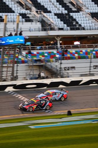 The No. 76 Hyundai Elantra N TCR and No. 33 Hyundai Elantra N TCR photographed crossing the finish line during the BMW M Endurance Challenge at Daytona International Speedway in Daytona Beach, Fla., Jan. 24, 2025. (Photo/Bryan Herta Autosport/Richard Pr...