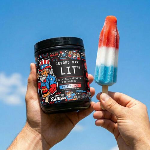 Beyond Raw LIT AF V2, now in the limited-edition Patriot Pop flavor, available at GNC.
