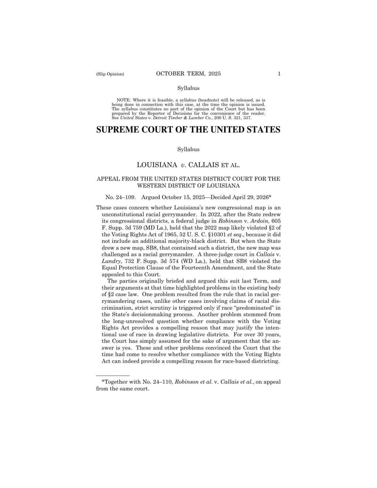 Louisiana V. Callais Supreme Court Decision