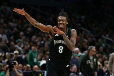 Minnesota's Bones Hyland celebrates a three-pointer in the Timberwolves win over the Boston Celtics