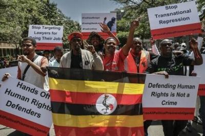 Supporters of Ugandan opposition leader Kizza Besigye hold a rally on February 24, 2025 in Nairobi, Kenya to demand his release
