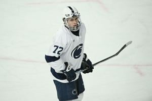 Oct 10, 2025; University Park, PA, USA; Penn State Nittany Lions forward Gavin McKenna (72) skates against the Clarkson Golden Knights during the second period at Pegula Ice Arena. Mandatory Credit: Barry Reeger-Imagn Images