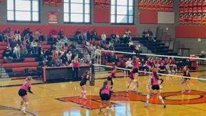 Natrona County's Alaina Dutcher with the block/kill during the Fillies' sweep of Riverton on Saturday.