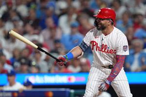 Philadelphia Phillies designated hitter Kyle Schwarber bats during the third inning for the All-Star Game earlier this month at Citizens Bank Park in Philadelphia. He is leading the National League in home runs for the third time in five years and pa