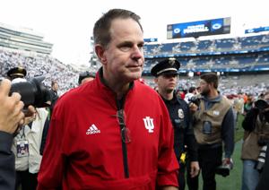 Nov 8, 2025; University Park, Pennsylvania, USA; Indiana Hoosiers head coach Curt Cignetti walks off the field following the game against the Penn State Nittany Lions at Beaver Stadium. Mandatory Credit: Matthew O'Haren-Imagn Images