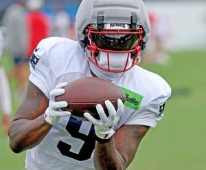 New England Patriots wide receiver Kayshon Boutte makes a catch during a recent training camp practice.