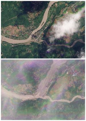 A combination of satellite images shows an area of Devighat before and after deadly flash floods and a mudslide affected the region