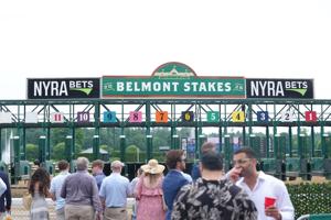 The racing post is pulled down the front stretch for a race at Saratoga Race Course in Saratoga Springs, New York, on June 6, 2026.
