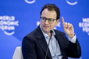 Anthropic CEO Dario Amodei gestures as he addresses the audience as part of a session on AI during the World Economic Forum annual meeting in Davos, Switzerland, on Jan. 23, 2025.