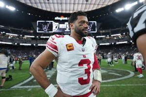 Dec 28, 2025; Paradise, Nevada, USA; New York Giants quarterback Russell Wilson (3) looks on after the game against the Las Vegas Raidersat Allegiant Stadium.