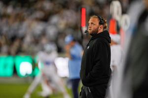 Sep 6, 2025; Charlotte, North Carolina, USA; North Carolina Tar Heels defensive coach Steve Belichick during the first quarter against the Charlotte 49ers at Jerry Richardson Stadium. Mandatory Credit: Jim Dedmon-Imagn Images