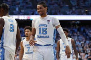 Jan 10, 2026; Chapel Hill, North Carolina, USA; North Carolina Tar Heels forward Jarin Stevenson (15) seen on the court against the Wake Forest Demon Deacons during the second half at Dean E. Smith Center. Mandatory Credit: Cory Knowlton-Imagn Images