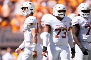 Texas quarterback Arch Manning (16) during a college football game between Tennessee and Texas at Neyland Stadium in Knoxville,