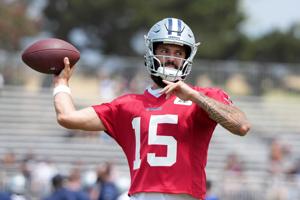 Jul 22, 2025; Oxnard, CA, USA; Dallas Cowboys quarterback Will Grier (15) during training camp at the River Ridge Fields. Mandatory Credit: Kirby Lee-Imagn Images