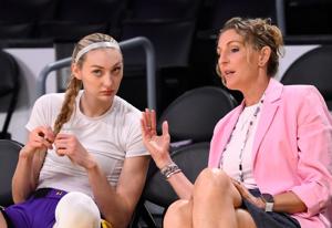 Los Angeles Sparks forward Cameron Brink (left) with team general manager Raegan Pebley at Crypto.com Arena in 2025.