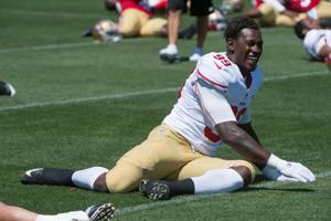 July 28, 2013; San Francisco, CA, USA; San Francisco 49ers linebacker Aldon Smith (99) stretches during training camp at the Marie P. DeBartolo Centre. Mandatory Credit: Kyle Terada-USA TODAY Sports
