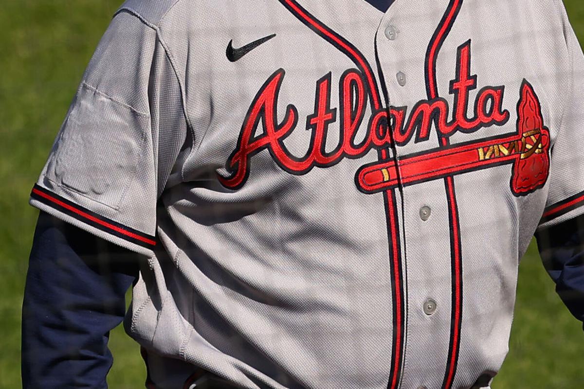 The All-Star Game logo is covered up on the right sleeve of manager Brian Snitker #43 of the Atlanta Braves during a baseball game against the Philadelphia Phillies at Citizens Bank Park on April 4, 2021 in Philadelphia, Pennsylvania.