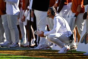 Oct 11, 2025; Dallas, Texas, USA; Texas Longhorns head coach Steve Sarkisian looks on during the first half against the Oklahoma Sooners at the Cotton Bowl. Mandatory Credit: Jerome Miron-Imagn Images