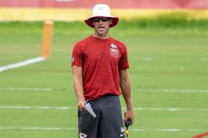 Kansas City Chiefs passing game coordinator Joe Bleymaier yells during practice at training camp on July 31, 2026, in St. Joseph, Missouri.
