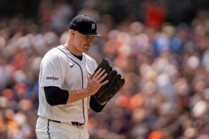 Detroit Tigers starting pitcher Tarik Skubal (29) walks off the mound against the Baltimore Orioles at Comerica Park in Detroit