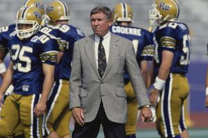 Johnny Majors, head coach for the University of Pittsburgh Panthers, looks on during the NCAA Big East Conference college football game against the Ohio State Buckeyes on Sept. 18, 1993, at the Pitt Stadium in Pittsburgh.