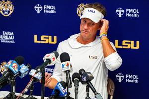 LSU head coach Lane Kiffin answers questions during a press conference after a college football game between Ole Miss and LSU at