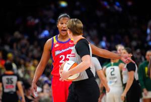 Mercury guard Alyssa Thomas (25) argues with an official during a game against the Storm at the Mortgage Matchup Center in