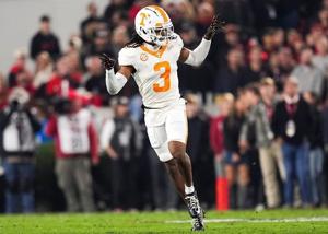 Tennessee defensive back Jermod McCoy (3) celebrates after making a play during a game between Tennessee and Georgia at Sanford Stadium.