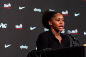 Skye Blakely speaks during a press conference to kick off the Xfinity U.S. Gymnastics Championships at Mortgage Matchup Center