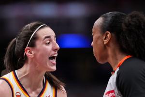 Indiana Fever guard Caitlin Clark (22) reacts to the action Wednesday, July 15, 2026, during the first half of a game at
