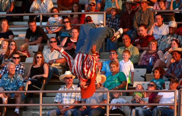 'Backflip' Johnny Dudley clowns at rodeo in Casper