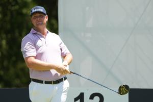 Trey Mullinax watches his shot from the 12th tee during the second round of the Charles Schwab Challenge golf tournament on May 23, 2025.