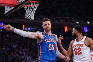 Mar 4, 2026; New York, New York, USA; Oklahoma City Thunder center Isaiah Hartenstein (55) reacts after a call in front of New York Knicks center Karl-Anthony Towns (32) during the first half at Madison Square Garden. Mandatory Credit: Vincent Carchi