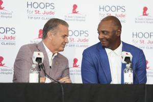 Sept 2, 2023; Memphis, TN, USA; Arkansas men’s basketball head coach John Calipari and Memphis men’s basketball coach Penny