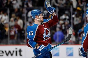 Colorado Avalanche right wing Valeri Nichushkin (13) celebrates after the game against the Boston Bruins.