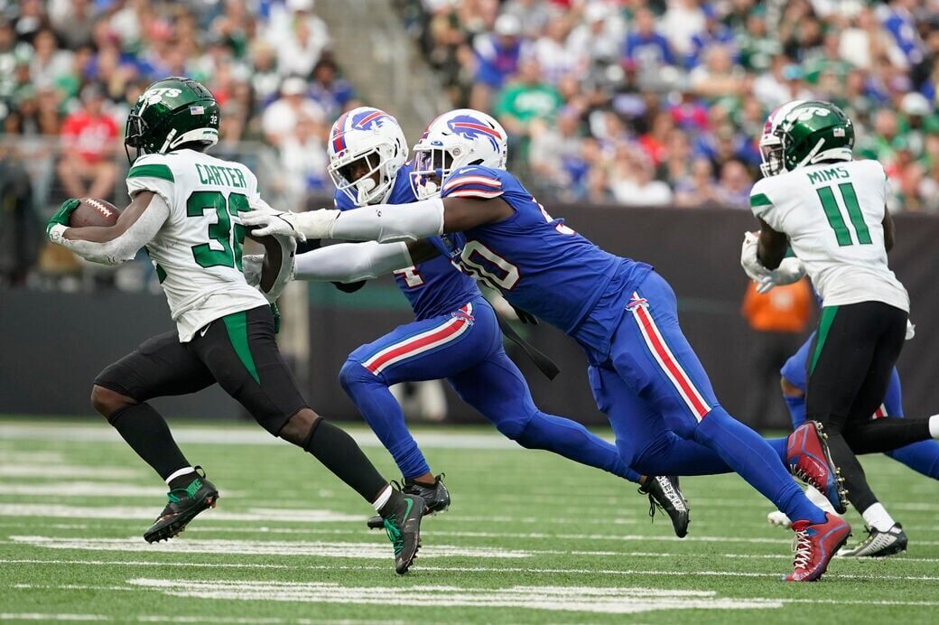 New York Jets' Jermaine Johnson (52) tackles Buffalo Bills quarterback Josh  Allen (17) during the second half of an NFL football game, Sunday, Nov. 6,  2022, in East Rutherford, N.J. The Jets