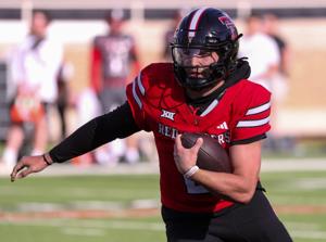 Brendan Sorsby runs with the ball during the Texas Tech football team's spring game, Friday, April 17, 2026, at Jones AT&T