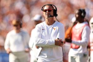 Texas head coach Steve Sarkisian works the sideline against Oklahoma at the Cotton Bowl on Saturday, Oct. 10, 2026, in Dallas.