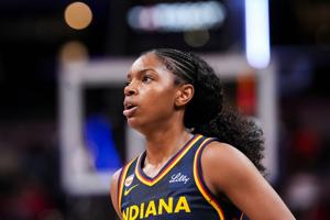 Indiana Fever guard Jessica Timmons (23) looks up Saturday, May 2, 2026, during the second half of a preseason game at Gainbridge Fieldhouse in Indianapolis. The Indiana Fever defeated Nigeria, 105-57.