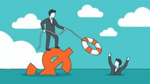 Businessman offering financial rescue and support to a drowning colleague